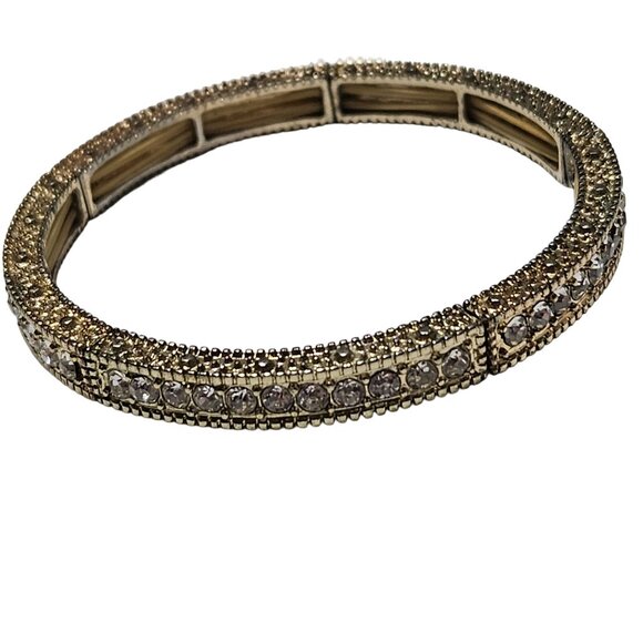 Elegant Vintage Gold Tone Crystal Studded Hinged Bangle Bracelet Formal Jewelry - Picture 1 of 4